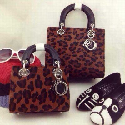 Top Sale Dior Lady Brown Sexy Leopard Print Lambskin Handbag Brown Smooth Leather Top Handle  