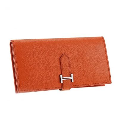 Hermes Bearn Silver H Loop Ladies Orange Clemence Leather Gusset Wallet White In Paris 
