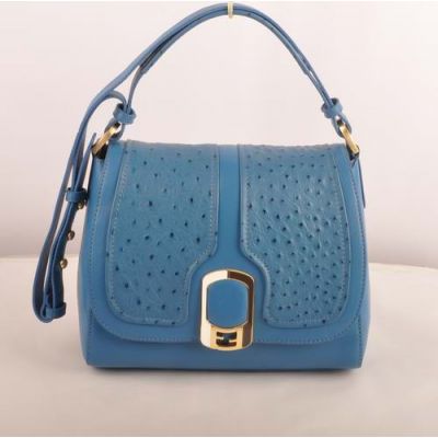 Good Reviews Fendi Blue Ostrich-Ferrari Leather Women's Flap Messenger Bag 2-Tone Enamel & Golden F Buckle 