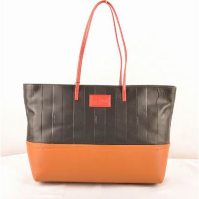 Celebrity Style Fendi Orange Narrow Strap Womens Black & Earth Yellow Calfskin Leather Tote Bag 