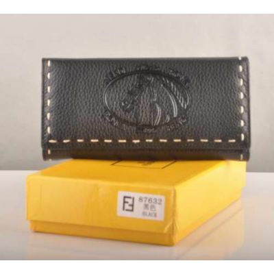 Fendi Zipper Coin Purse Horse Stamped High Quality Black Calfskin Leather Long Flap Wallet Online 