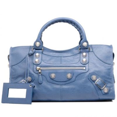 Balenciaga Giant 21 Fashion Silver Oversized Studs Curved Top Blue Leather Part Time Handbag 
