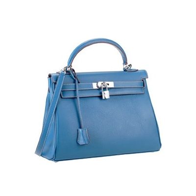 Hermes Kelly Blue Leather Small Clone Flap Handbag Silver Key & lock Leather Trimming 