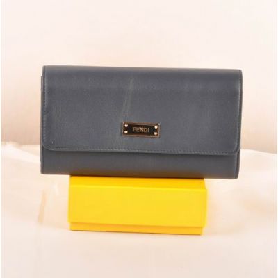 AAA Fendi Yellow Gold Zipped Purse Many Card Slots Dark Blue Leather Ladies Long Flap Wallet 