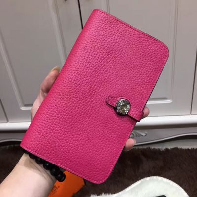 Hermes Dogon Calf Leather Belt Womens Wallet Hot Pink 20*12.5 CM Bi-fold For Sale Paris 