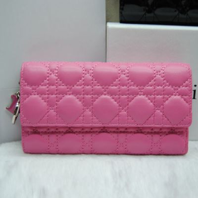 Long Dior Pink Sheepskin Leather Cannage Tri-fold "Lady Dior" Flap Wallet D.I.O.R Charm Price USA