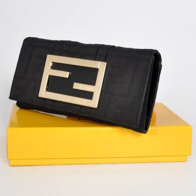 Latest Fendi Golden Large Double F Buckle Patent Leather Lining Ladies Black Print Long Flat Wallet 