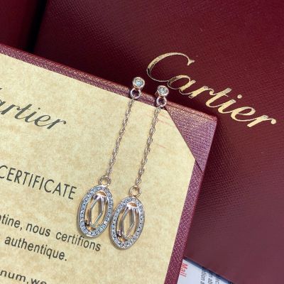 Fake Cartier Women's Rose/White Gold Oval Openwork Geometric C Letter Interlocking Diamond Pendant Long Chain Earrings