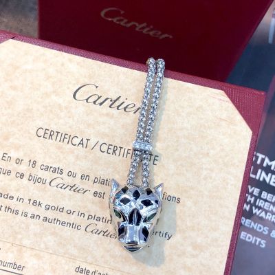 Replica PanthèRe De Cartier Couple Sterling Silver Cheetah Shape Black Lacquer Texture Emerald Eye Detail Pendant Bead Chain Necklace