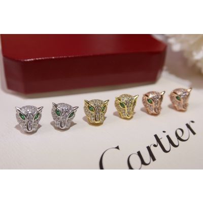 Copy Cartier Women'S Sterling Silver Paved Diamonds Emerald Eye Details Leopard Head Earrings For Sale Online