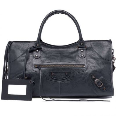 Balenciaga Brass Zipper Pocket Black Leather Studs Shoulder Bag Classic 43CM Part Time Totes 