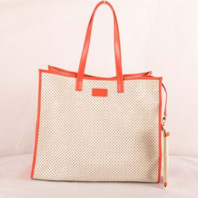 Fashionable Fendi Orange Leather Handle & Gusset Ladies Withe Perforated Shopping Bag With Zipper Fabric Purse 