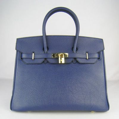 High Quality Hermes Birkin Dark Blue A-shaped Female Handbag Belt With Golden Lock Top Handle Totes 35CM 