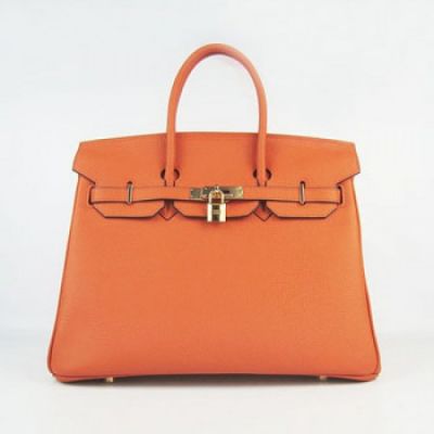 Hermes Medium 35CM Ladies Birkin Handbag Orange Calfskin Leather Golden Lock & Key Top Handle Replica 