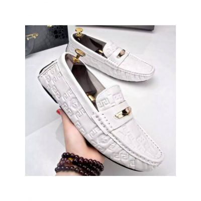 Versace Gold Medusa Adornment Guy Logo Embossed Calfskin Leather Whip Stitch Upper Loafers Black/White