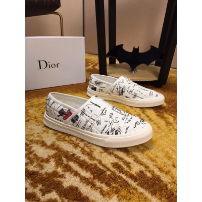 Men's Latest Style Dior Popular Graffiti Pattern Breathable Cotton Fabric Ultra Lightweight Fake Loafers Black/White
