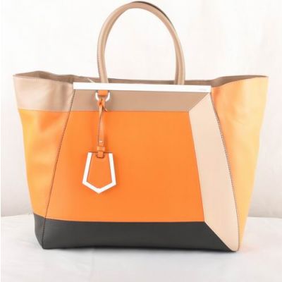 Quality Fendi 2Jours Beige Handle Orange Ferrari Leather Womens Shopping Bag Silver Palladium Bar Multicolor 