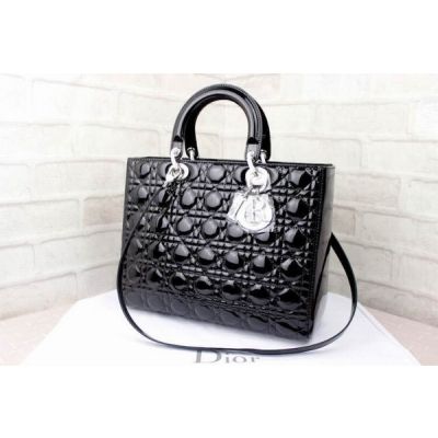 Large Dior Lady Silver Hardware Black Patent Leather Cannage Quilted Tote Bag Low Price CAL44561 N0