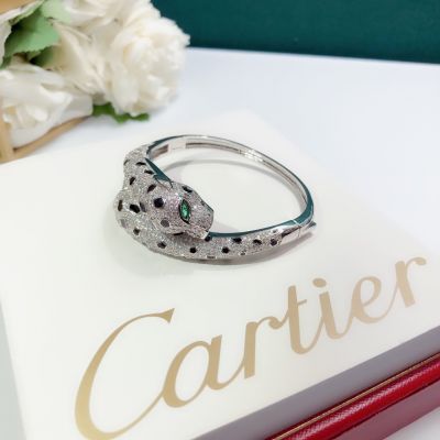 Clone PanthèRe De Cartier Women'S Double Panther Head Overlapping Onyx & Emerald Eye Detail Sterling Silver Diamonds Bracelet 