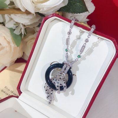 Most Luxury Cartier Panthère de Cartier Black Onyx Circle Pendant Female Sterling Silver Diamonds Link Necklace 