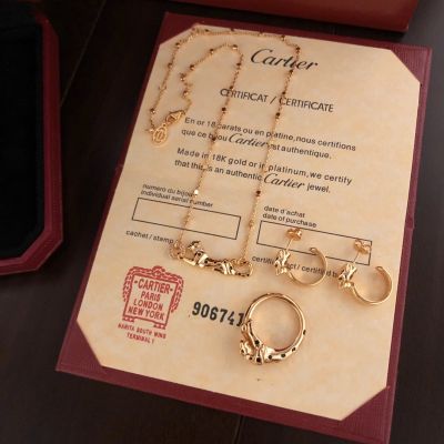 Replica Panthè Re De Cartier Women'S Reclining Leopard Design Diamonds Onyx Gold Jewelry Set Necklace/Ring/Stud Earrings