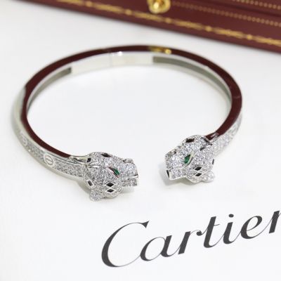 Fake Panthè Re De Cartier Open Design Full Pave Diamonds Double Panther Head Shape Women Elegant Metal Bracelet