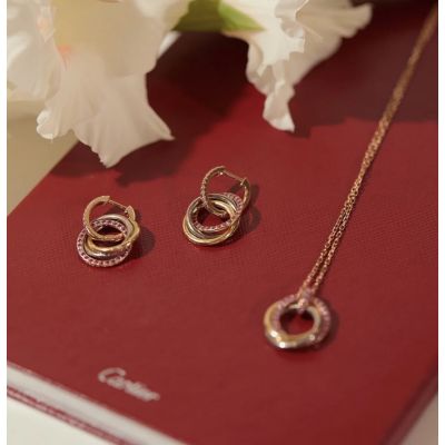 Fake Cartier Trinity Collection Sterling Silver Material Pink Diamond Three Color&Rings Interwoven Pendant Earrings / Necklace