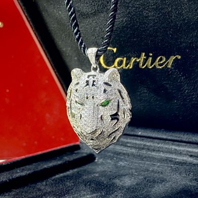Replica PanthèRe De Cartier Men'S Full Diamond Agate Texture Embellished Emerald Eye Tiger Head Pendant Black Braided Rope Necklace