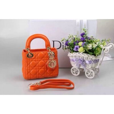 Nano Dior Lady Orange Cannage Lambskin Tote Bag Golden Hardware Adjustable Shoulder Strap Online 