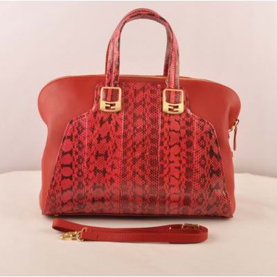 Fendi Two Compartments Top Handle Ladies Chameleon Red Snake-Ferrari Leather Double Pull Zipper Handbag 