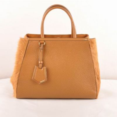 Fendi 2Jours Earth Yellow Litchi Leather Top Handle Ladies Handbag Horsehair Leather Gusset Medium Totes