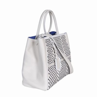 Chic Fendi White Leather Ladies 2Jours Top Handle Shoulder Bag Black-white Studs Silver Hardware Replica 