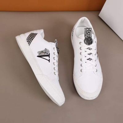 Versace Latest Design Medusa V Embroidery Greca Knit Lacing Motif Mens White Calfskin Leather Sneakers Online