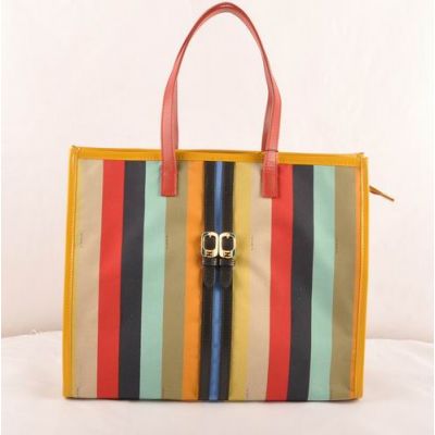 Fendi Red-Black Leather Yellow Gold Buckle Ladies Multicolor Fabric Striped Shoulder Bag For Travel 