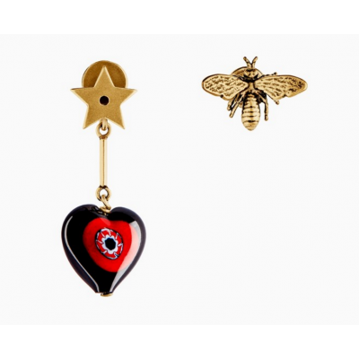 Christian Dior D-Murrine  Brass Asymmetric Earrings Bee Red & Black Murano Glass Heart 2018 Newest Lady Sale E0807DMUVE_D911