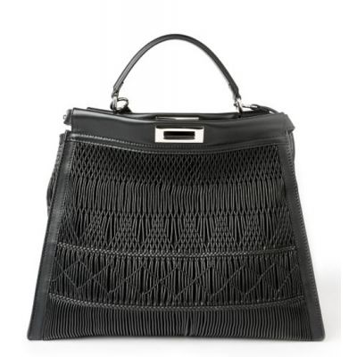 Women's Black Plisse Fendi A-shaped Silver Turn-lock Clasp High End Leather Large Peekaboo Shoulder Bag