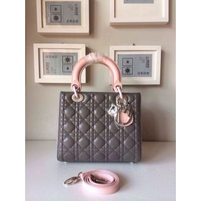 Replica Hot Selling Dior Lady Bi-Color Cannage Lambskin Tote Bag Pink Handle & Gusset Silver Hardware 