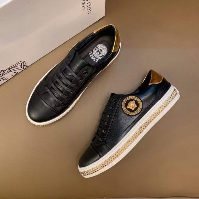 Versace High End Black Calfskin Leather Yellow Gold Medusa Stud Detail Logo Printing Golden Leather Heels Sneakers For Men