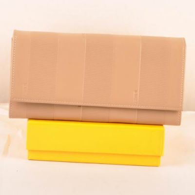 Fendi Female Zipper Change Purse Double Compartments Apricot Soft Calfskin Leather Long Flap Clone Wallet 