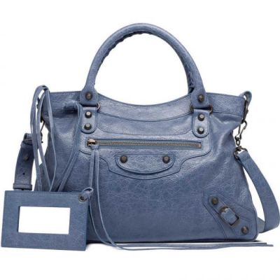 2017 Fashion Balenciaga Aged Brass Studs Adjustable Shoulder Strap Top Handle Womens Blue Leather Handbag 