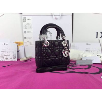 Timeless Mini Dior Lady CAL44501 N0 Silver Pendant Black Cannage Quilted Soft Leather Tote Bag