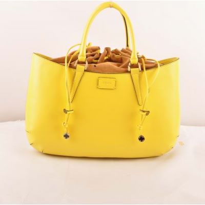 Large Fendi B Fab Yellow Brass Buckle Top Handle Ladies Leather Belt Shoulder Bag Lemon Yellow & Brown 
