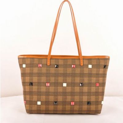 Fendi Orange Patent Leather Slim Handle Damier Fabric Colorful Studs Ladies Clone Shopping Tote Bag 