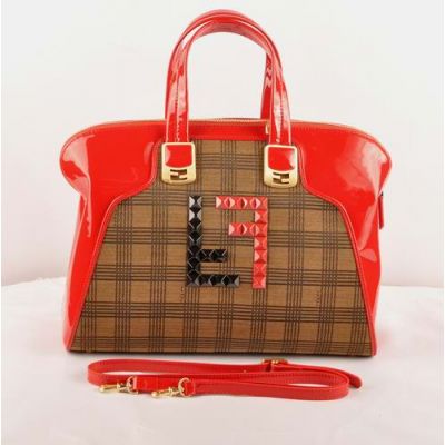 Red Patent Leather Fendi Chameleon Brown Tartan Fabric Female Top-Handle Zipper Shoulder Bag F Pattern Studs 