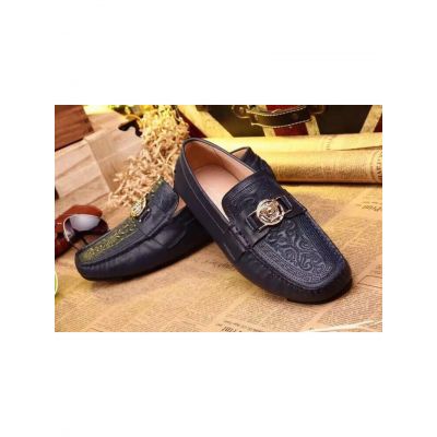 Classic Versace Yellow Gold Plated Medusa Plaque Mens Jacquard Calfskin Leather Moccasins Blue/White/Black