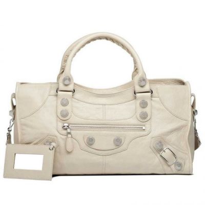 Latest Beige Leather Balenciaga Giant 21 Part Time Silver Hardware Hand Stitched Handles Ladies Totes 