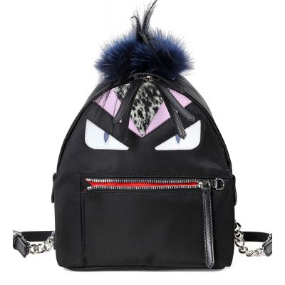 Fashionable Fendi Mohawk Monster Multicolor Leather Trimming Silver Zipper Pocket Black Backpack For Girls Replica  