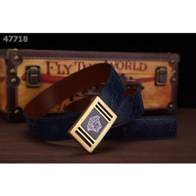 Men's Versace Oil Wax Cowhide Logo Printing 35mm Fashion Belt With Plaque Two-tone Medusa Pin Buckle Navy/Burgundy