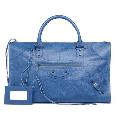 Balenciaga High End Classic Work Bleu Cobalt Leather Tote Bag Zipper Pocket Top Handle Online 