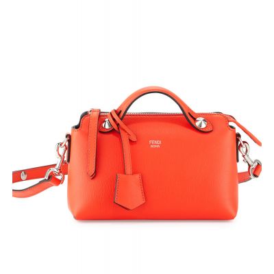 Fendi By The Way Mini Women's Orange Leather Messenger Bag Flat Handle Silver Zipper Closure 